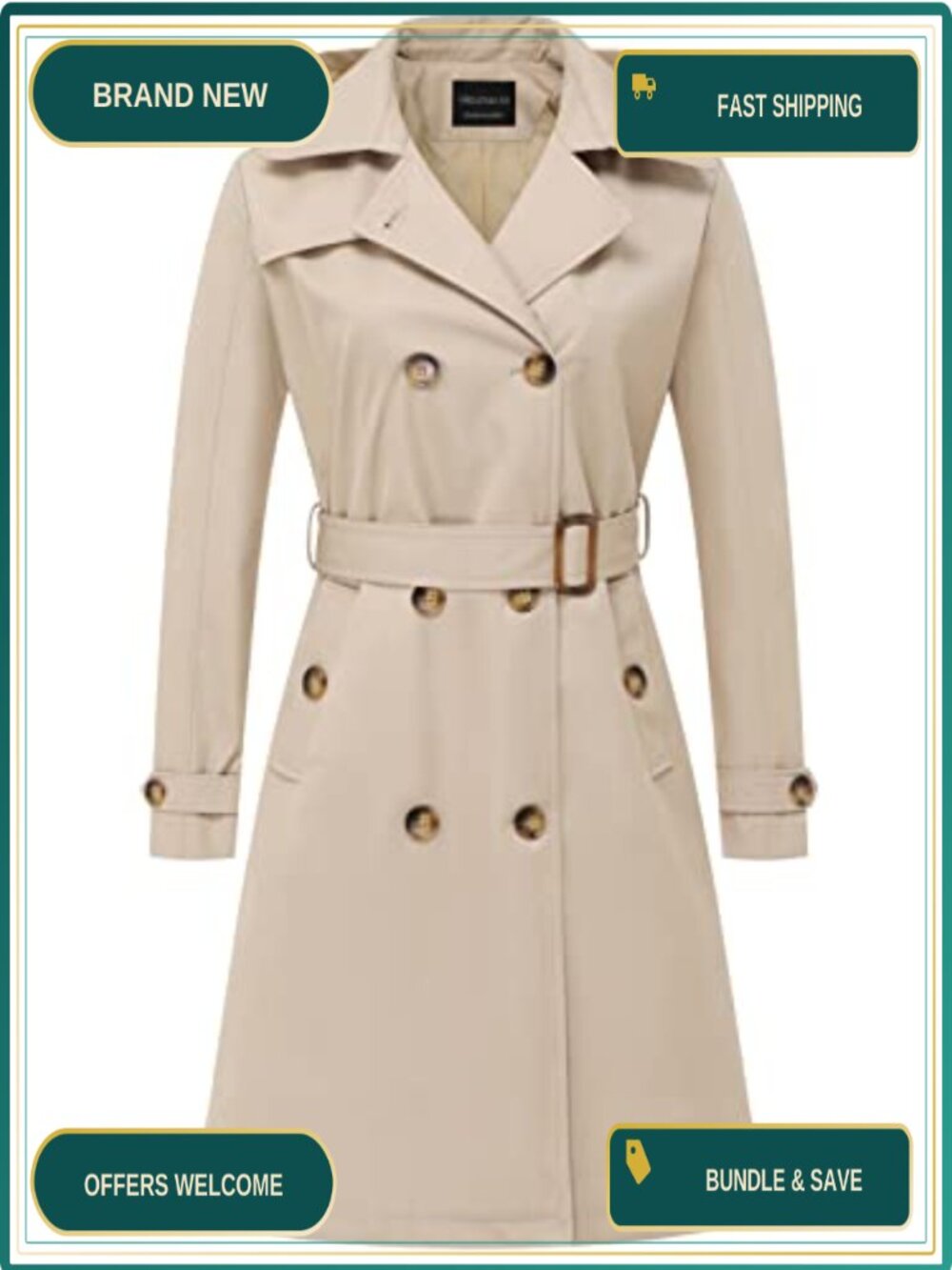 Women's Long Trench Coat Double-Breasted Water-Repellent Belted with Hood